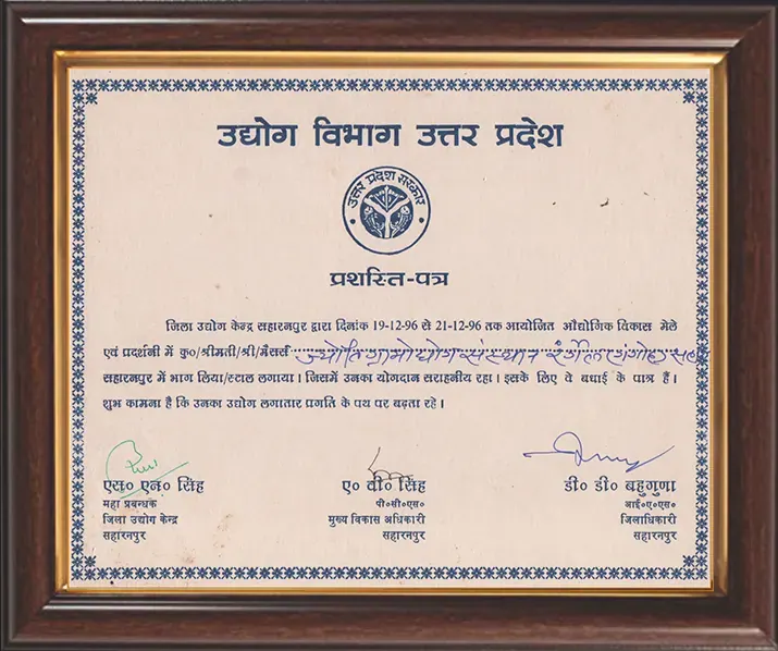 Uttar Pradesh Industries Department appreciation certificate