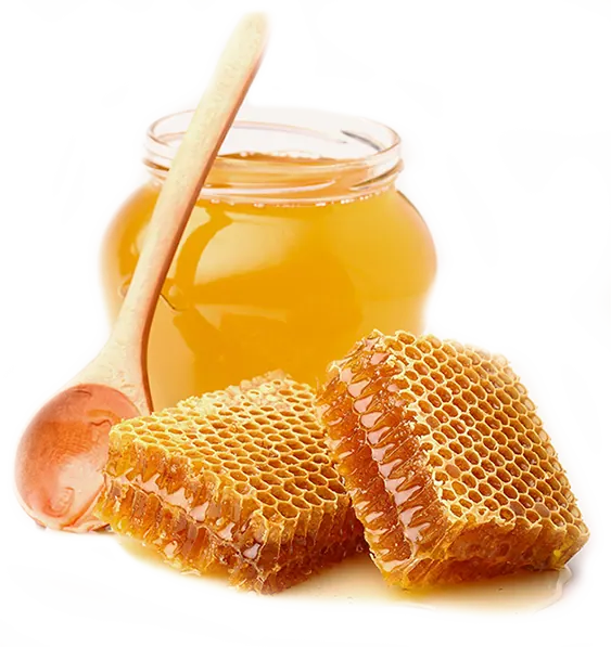Golden honey, honeycomb and a wooden dipper