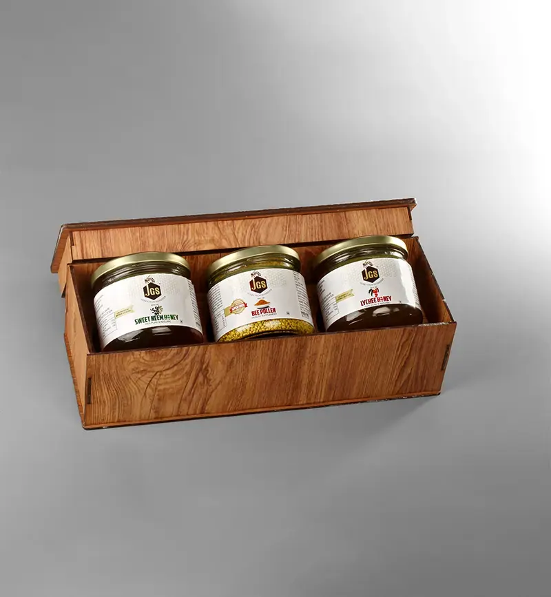 Honey Gift Pack (Wooden, Set of 3, each 350g)